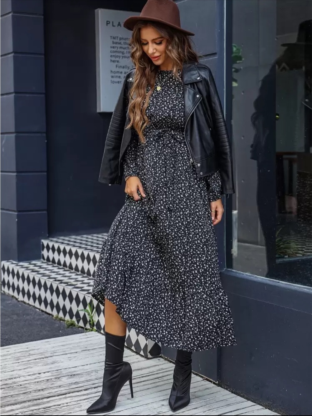 SHEIN Black Floral Smocked Bodice Maxi Dress